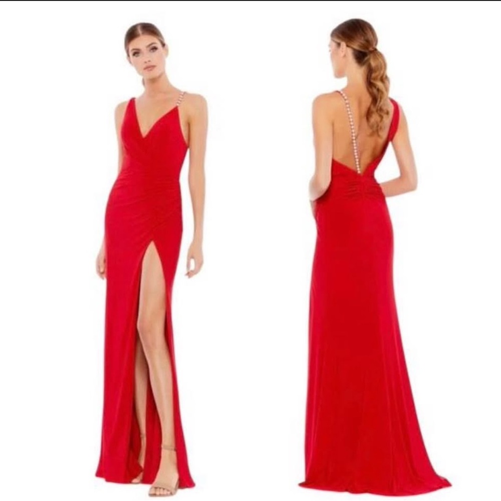 IEENA for Mac Duggal Red One-Shoulder Evening Gown Pearl Strap Slit – NWT